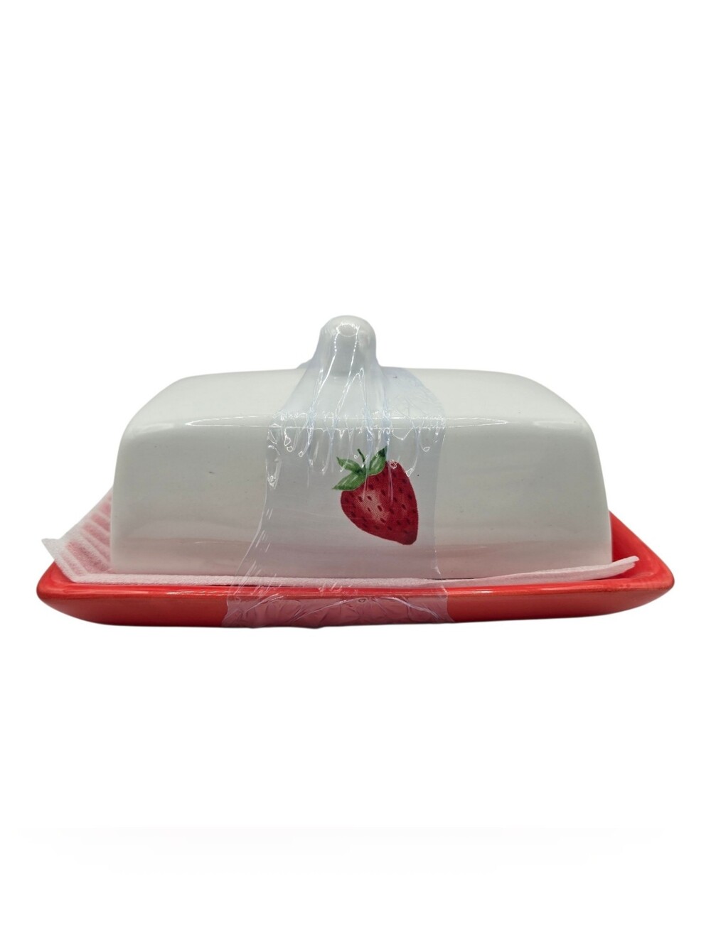 NWT White/Red Strawberry Ceramic Butter Dish With Handled Lid Red Plate